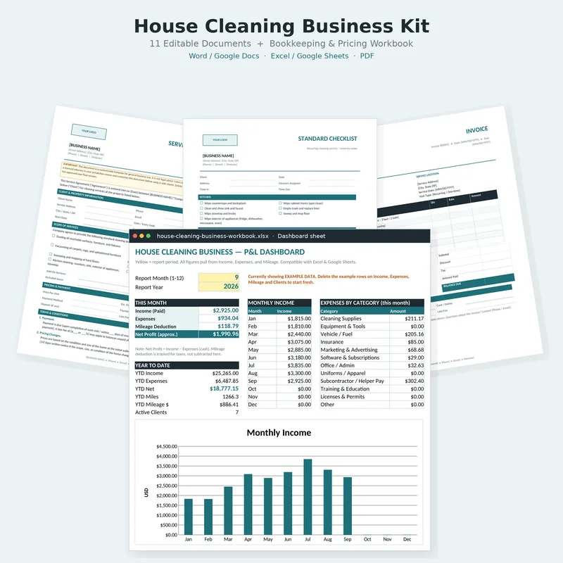 House Cleaning Business Kit: overview of the documents and workbook