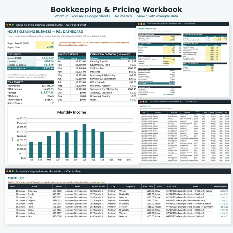 House Cleaning Business Kit: bookkeeping and pricing workbook shown with example data