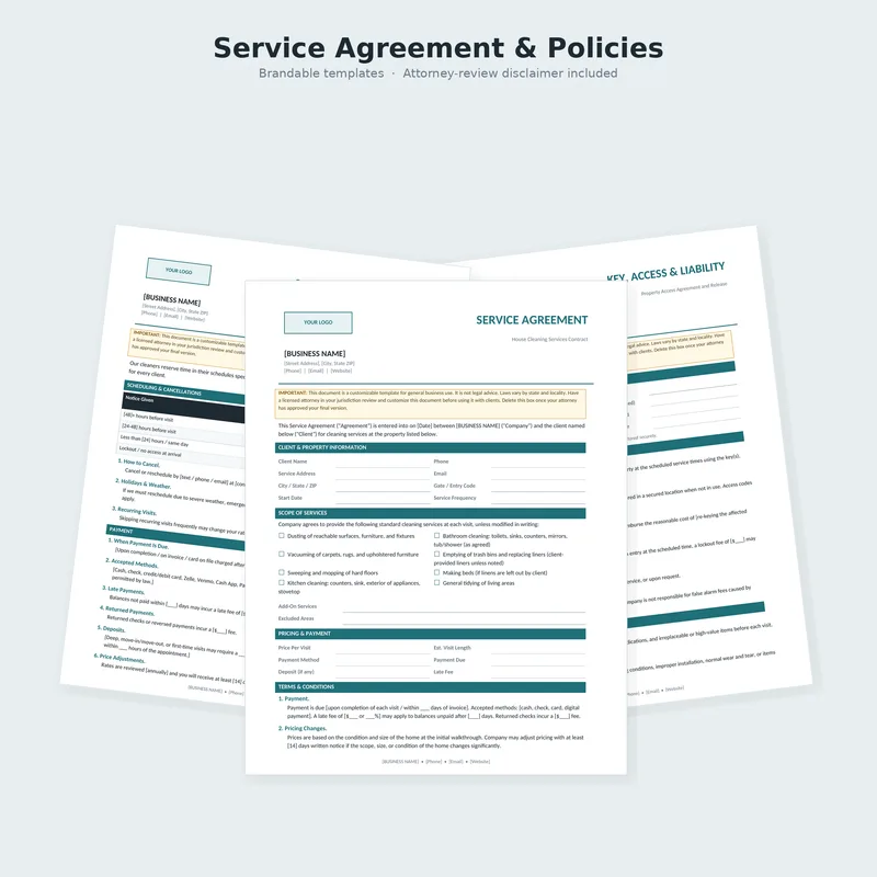 House Cleaning Business Kit: agreement, waiver and policy templates
