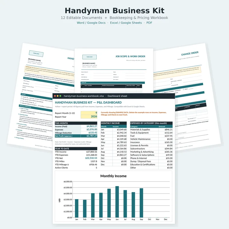 Handyman Business Kit: overview of the documents and workbook