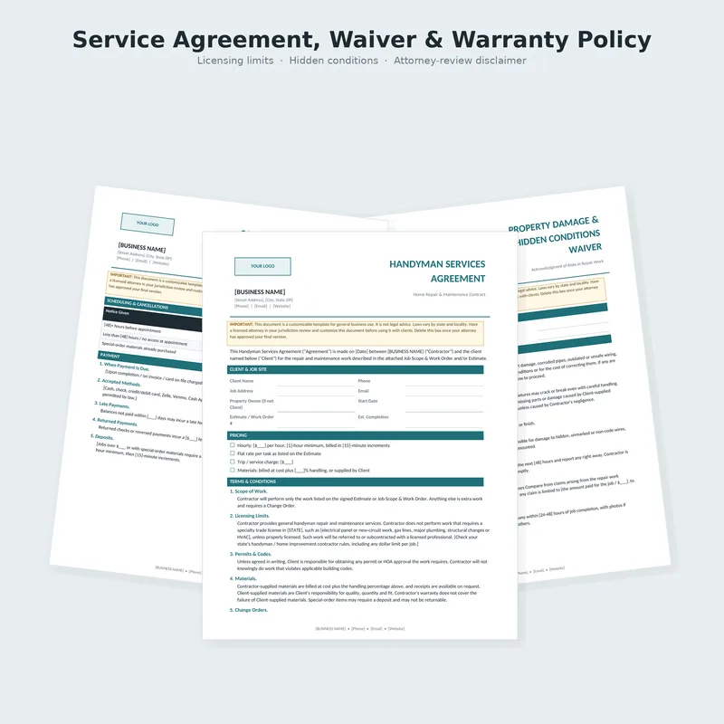 Handyman Business Kit: agreement, waiver and policy templates
