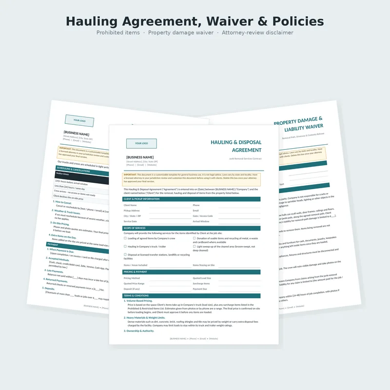 Junk Removal Business Kit: agreement, waiver and policy templates