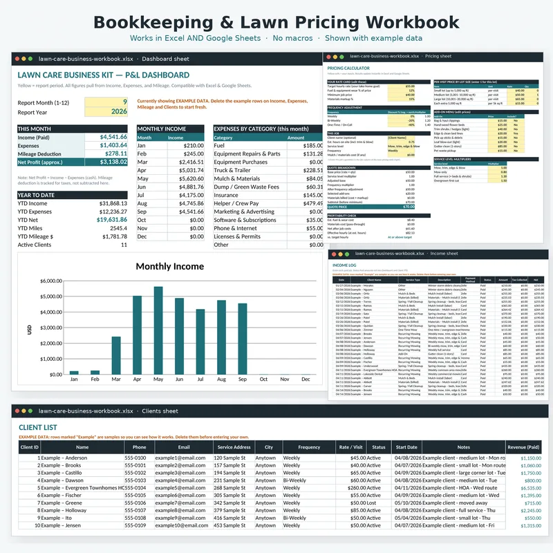 Lawn Care Business Kit: bookkeeping and pricing workbook shown with example data