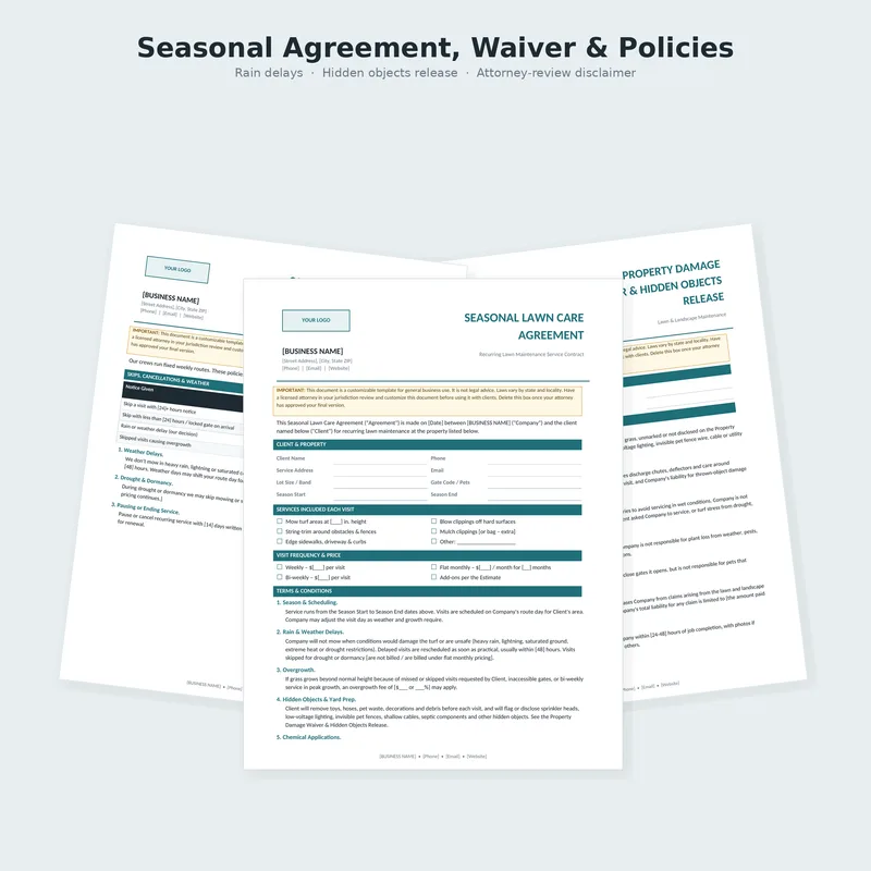 Lawn Care Business Kit: agreement, waiver and policy templates