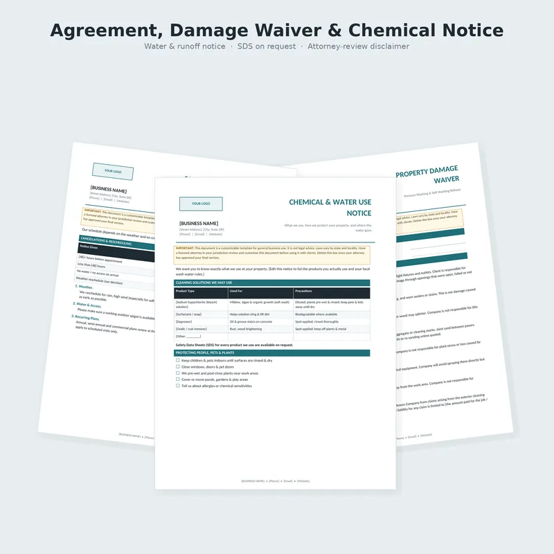 Pressure Washing Business Kit: agreement, waiver and policy templates